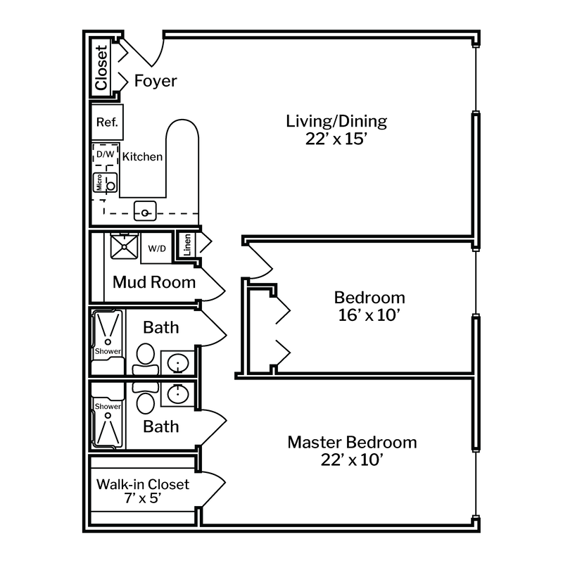DT Floor Plans Centered White Background - 2 Bedroom Corner