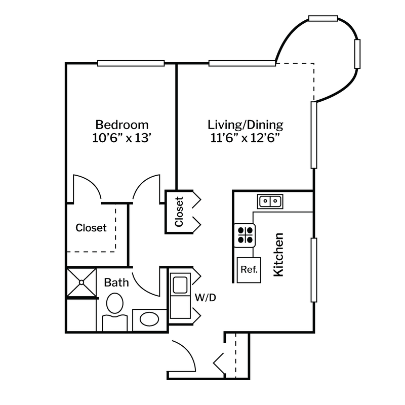UM Floor Plans Centered White Background - Huntingdon 1 Bedroom